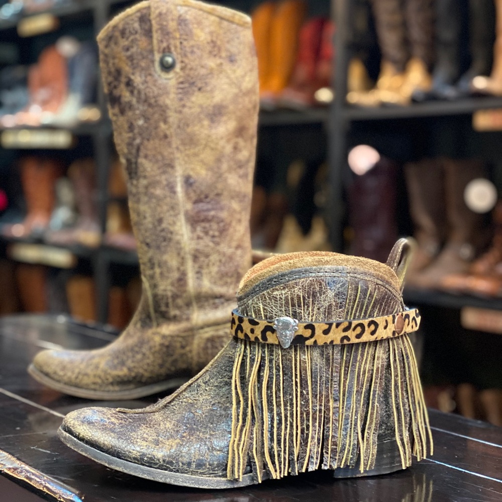 Size 10, Upcycled FRYE boot, fringe boot
